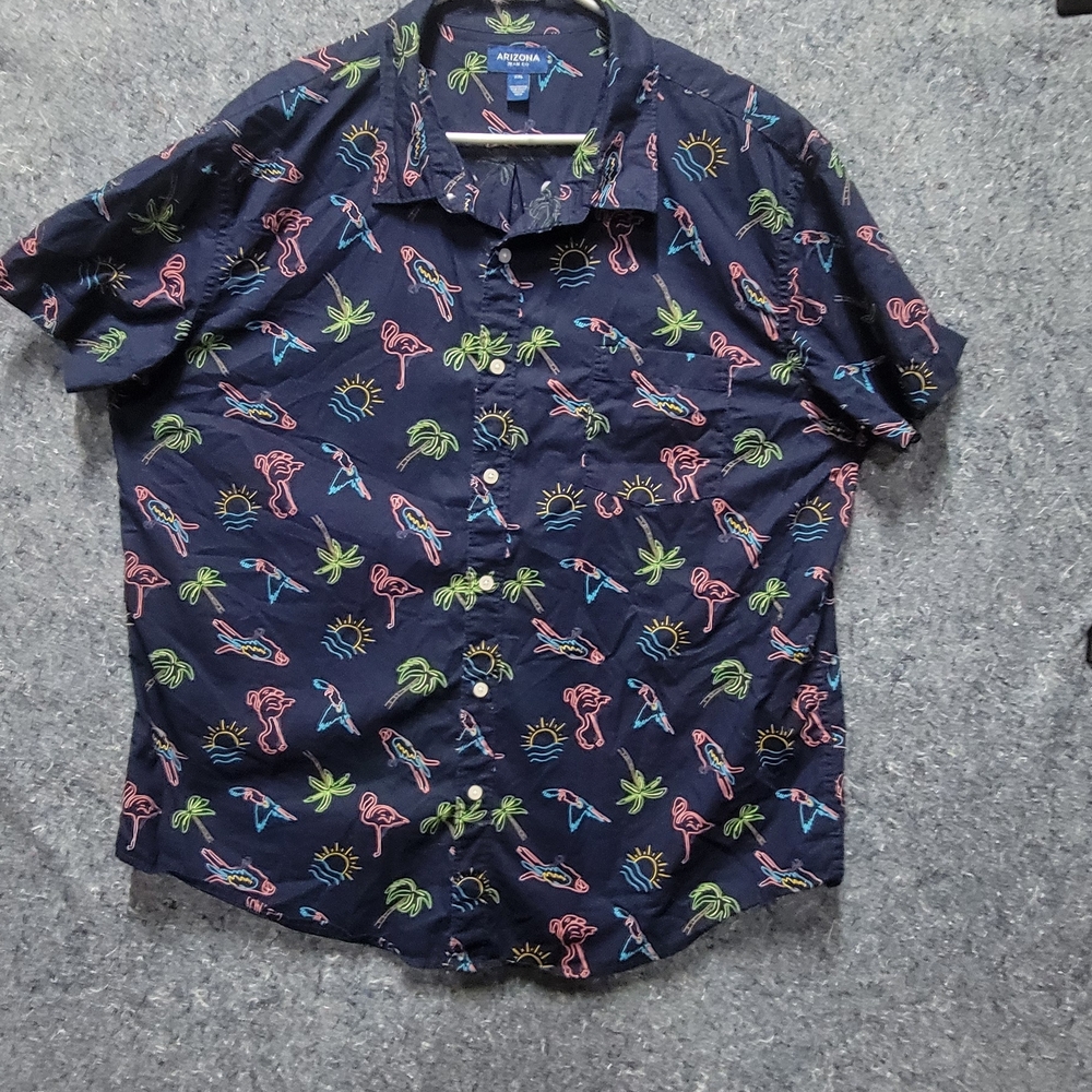 Men's Arizona Jeans Co Navy Blue Tropical Print Parrots/Flamingos Shirt Size XXL
